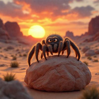 The primary subject of the image is a spider sitting on a rock in a desert-like environment. The setting is a rocky, sandy area with a sunset in the background. The visual style is a digital art or illustration, creating a unique and creative atmosphere. The colors and mood of the image are predominantly warm and earthy tones, with the sunset adding a touch of warmth and beauty to the scene.